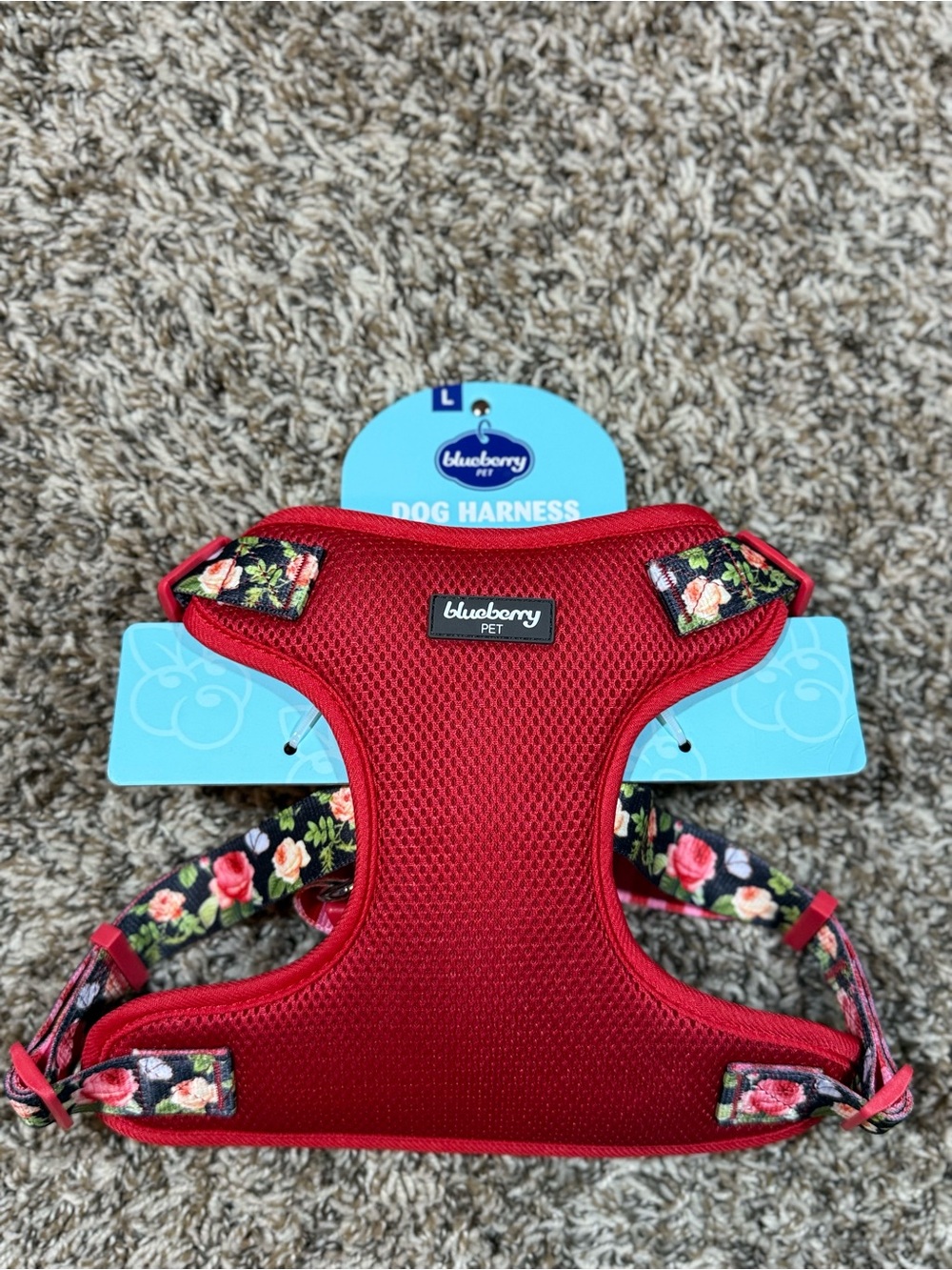 Red Floral Dog Harness - Breathable Mesh, Adjustable Fit